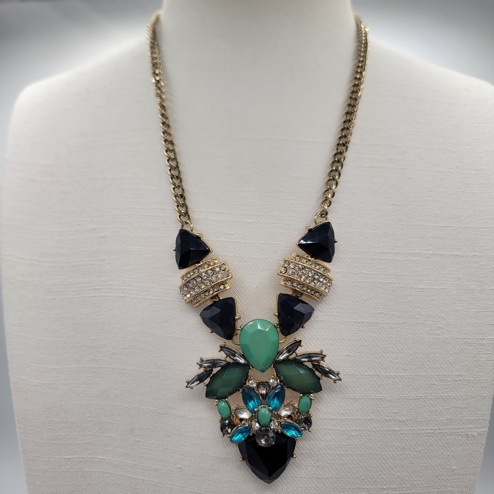Statement Necklace Green, Blue, and Black Stones